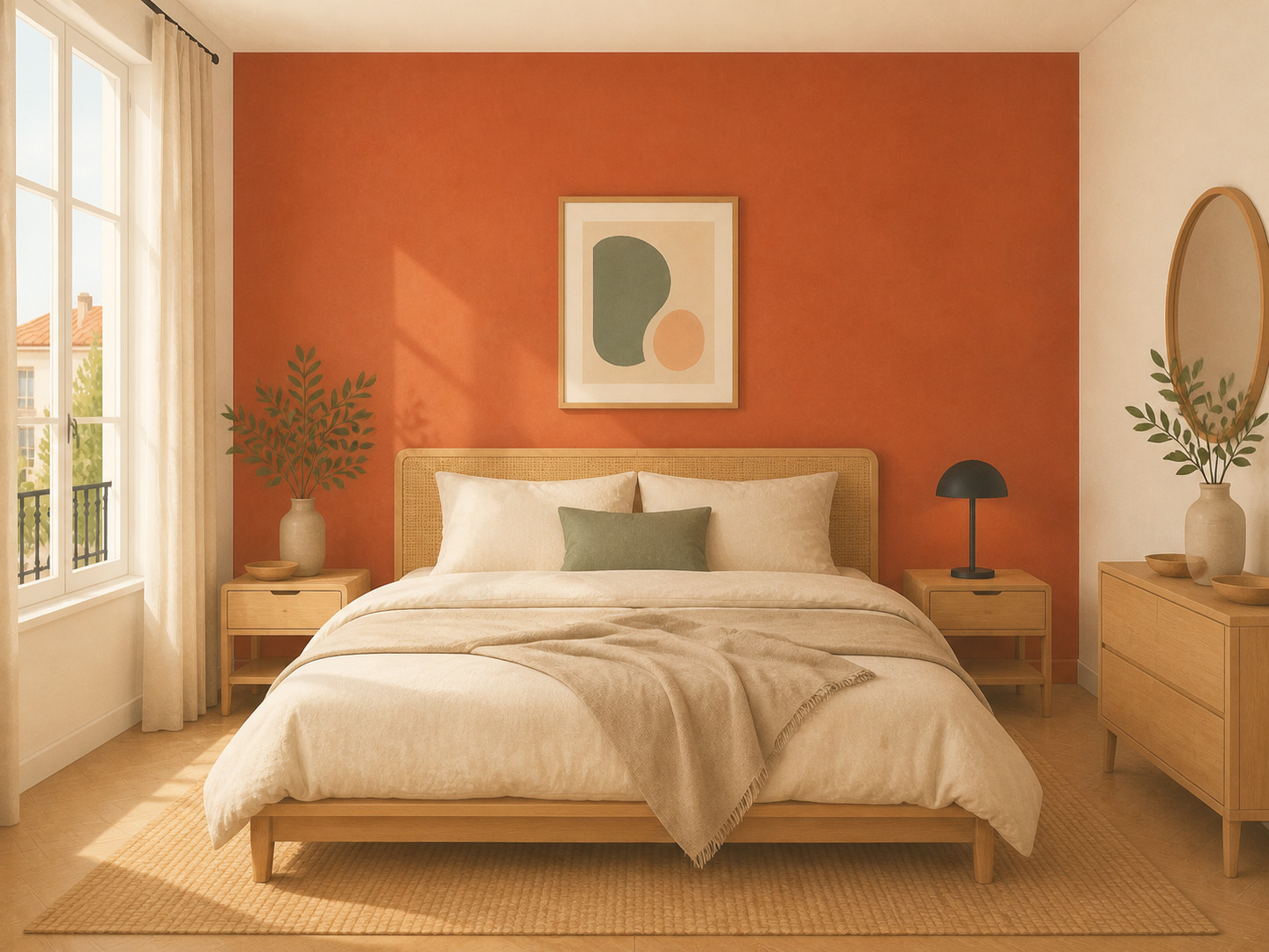 Peinture terracotta : avec quelle couleur l'associer (et où l'oser) Chambre avec mur de tête de lit peint en terracotta rosé