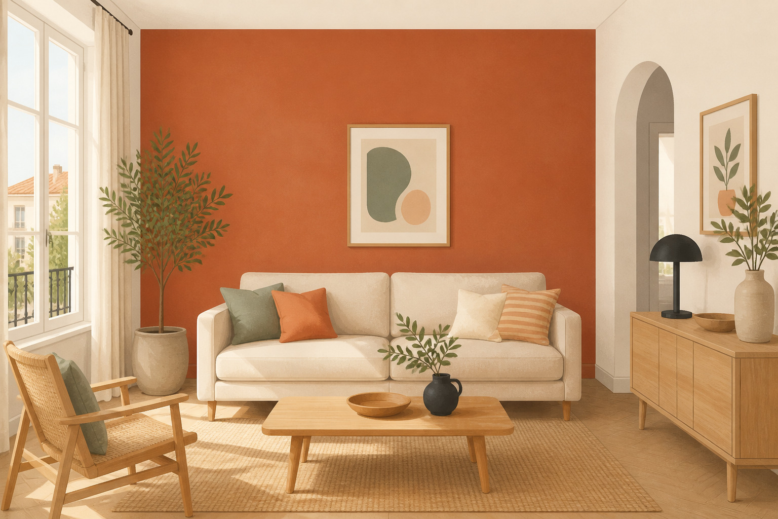 Peinture terracotta : avec quelle couleur l'associer (et où l'oser) Salon lumineux avec un mur d'accent peint en terracotta, blanc cassé et bois clair