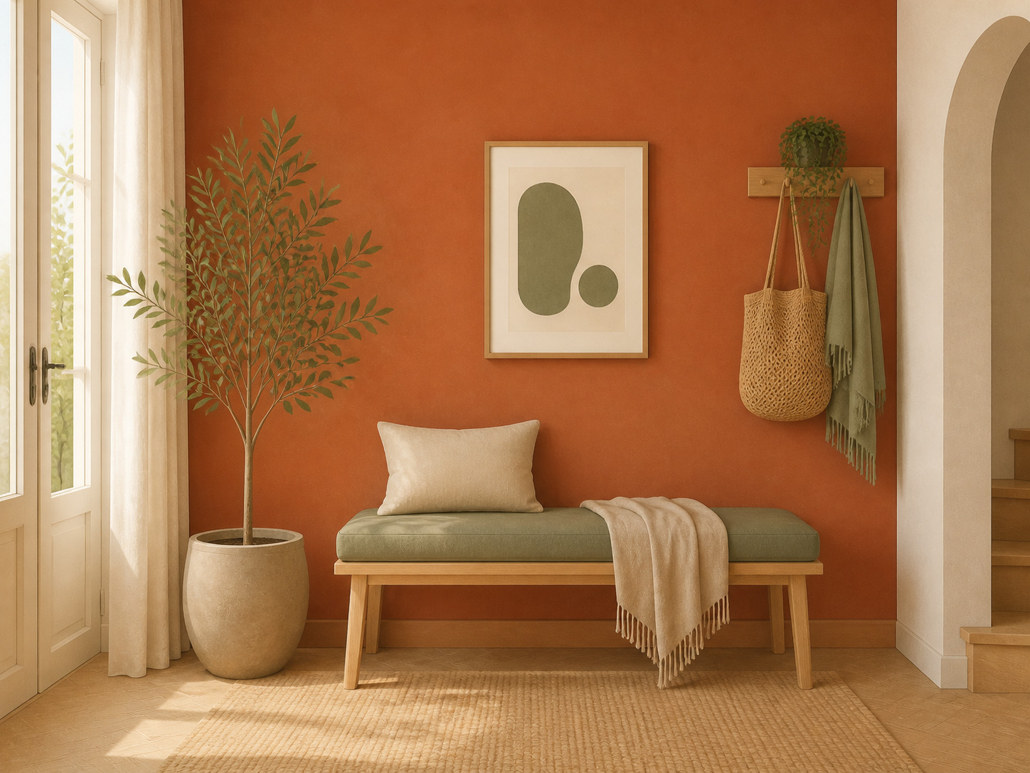 Peinture terracotta : avec quelle couleur l'associer (et où l'oser) Association déco terracotta et vert sauge dans un intérieur naturel