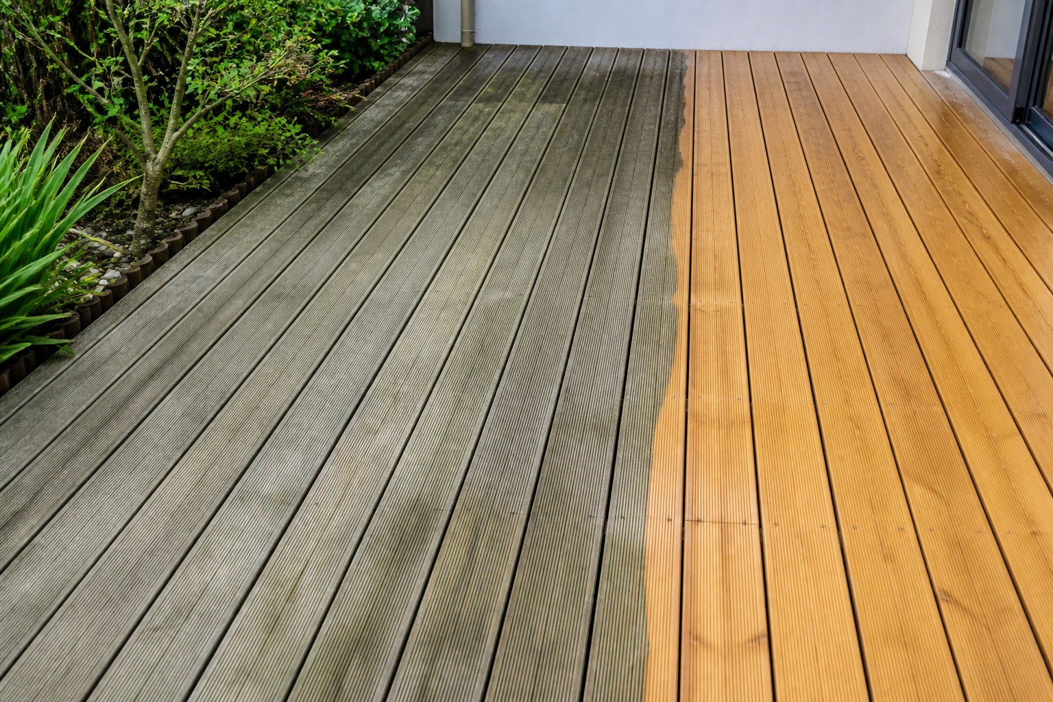 Terrasse en bois à moitié nettoyée, contraste gris et bois ravivé