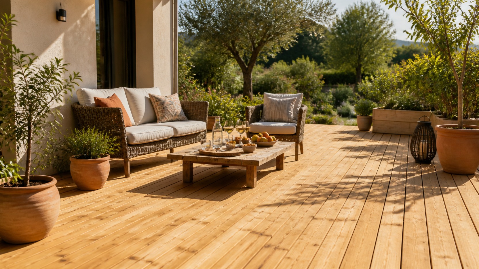 Terrasse en bois propre et ravivée au soleil de printemps
