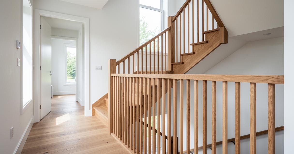 Garde-corps d'escalier intérieur avec barreaux verticaux et main courante en bois