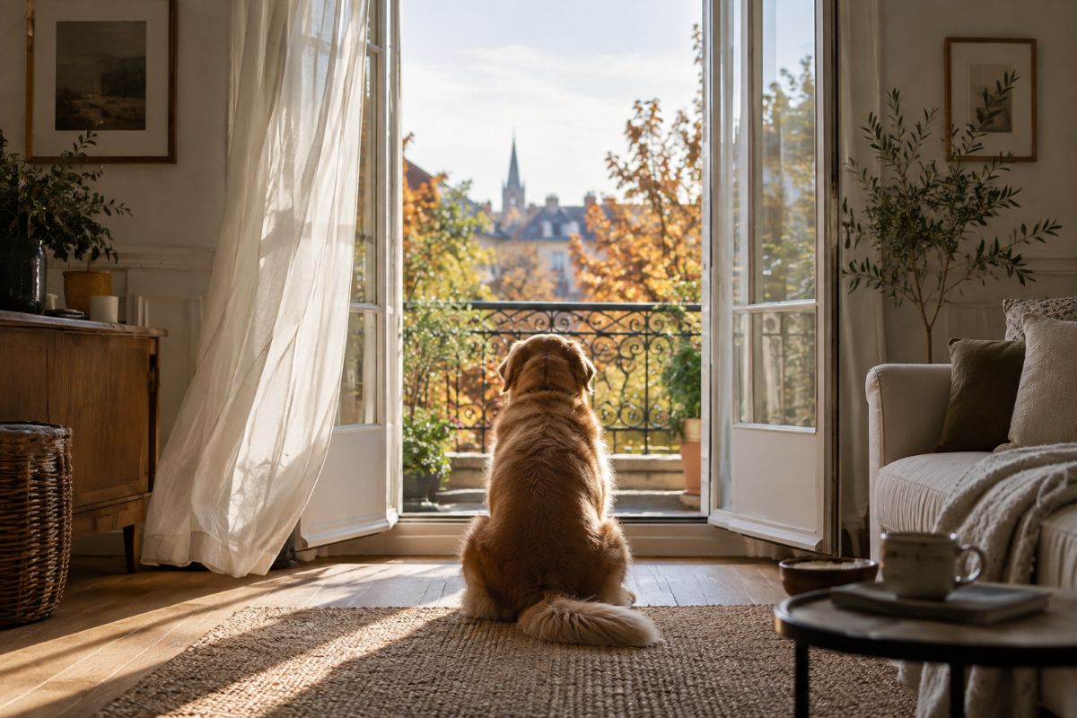 Fenêtre grande ouverte dans un salon, un chien assis qui regarde dehors