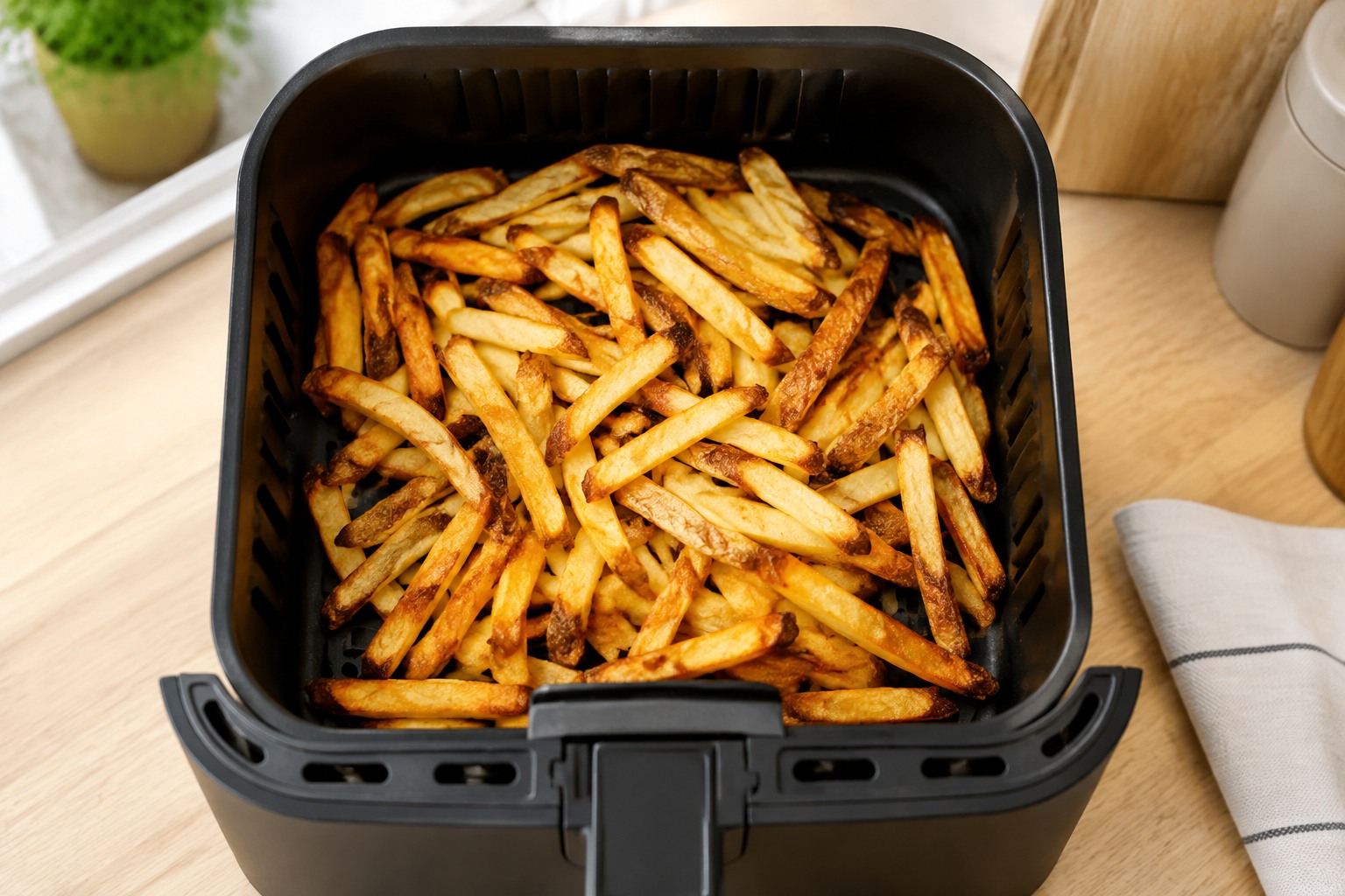 Panier d'air fryer rempli de frites maison croustillantes