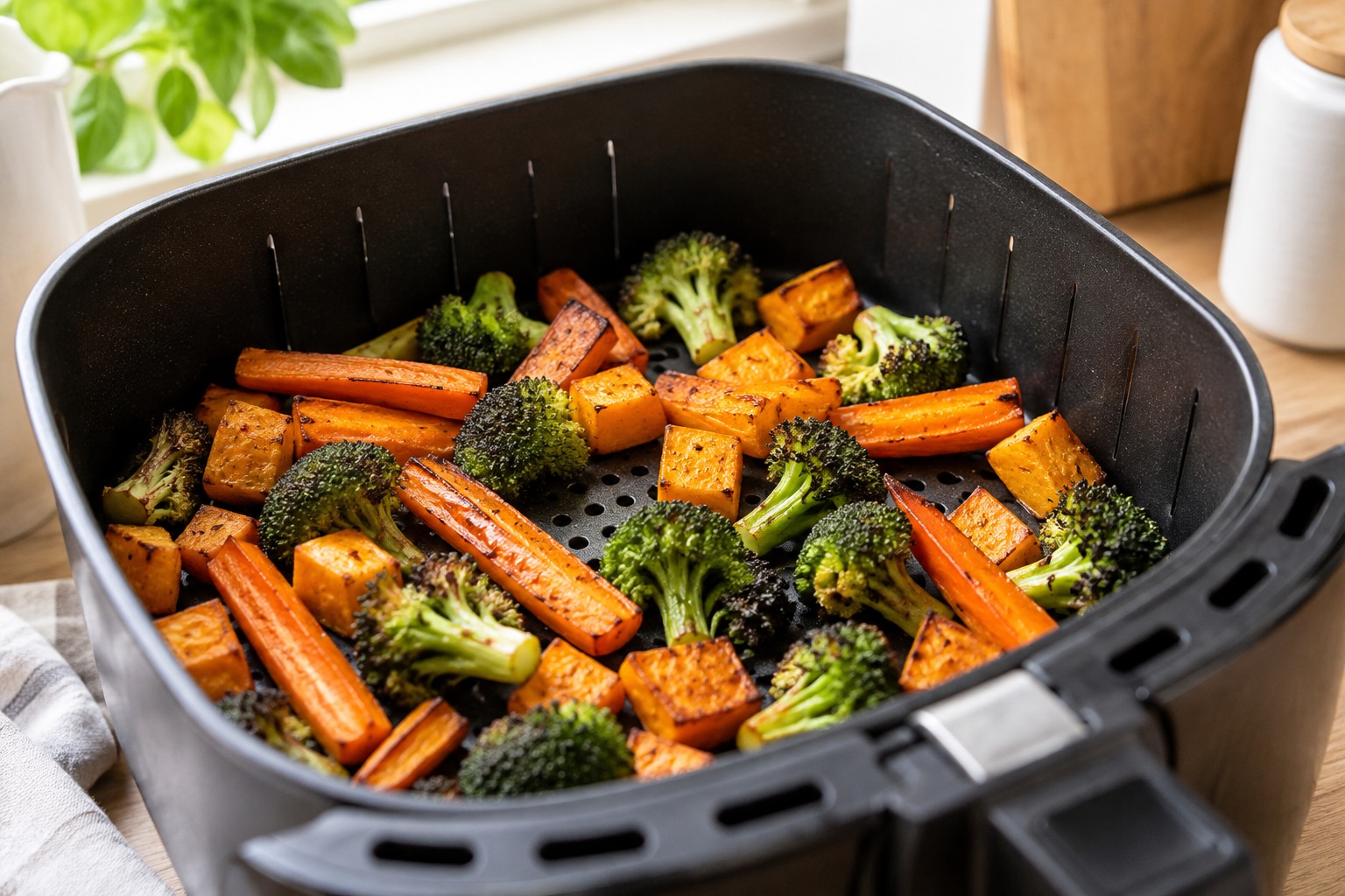 Légumes rôtis colorés dans le panier perforé d'un air fryer