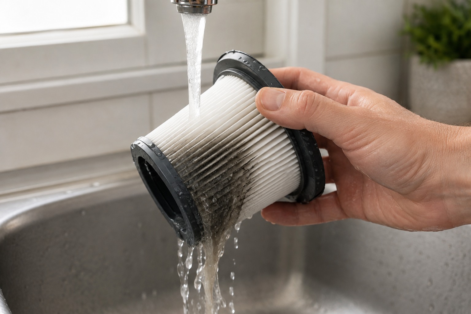 Filtre HEPA d'aspirateur rincé et entretenu au-dessus d'un évier