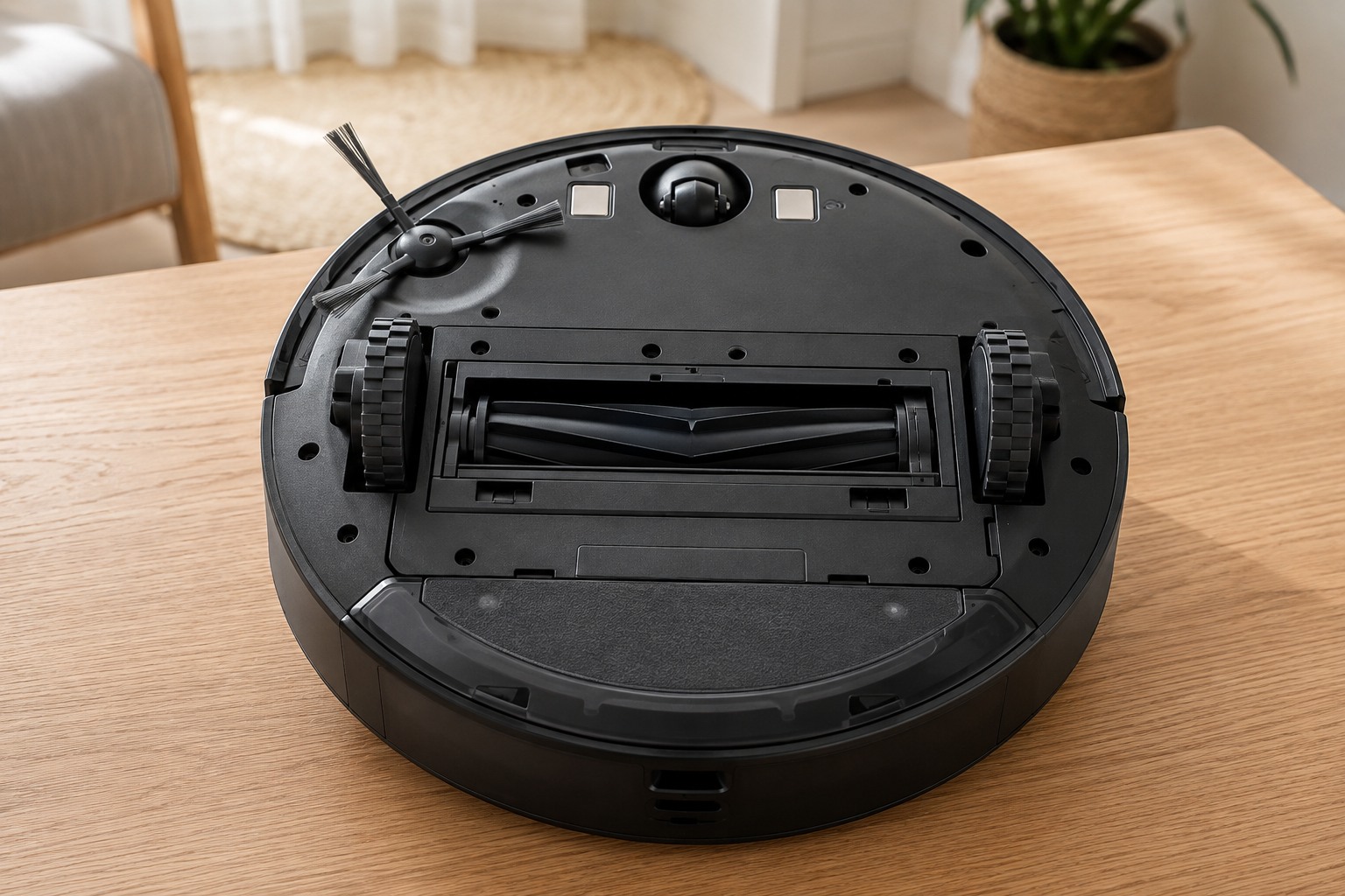Dessous d'un aspirateur robot montrant un rouleau brosse en caoutchouc, propre, sans poils enroulés