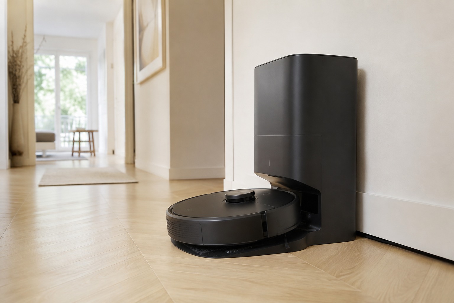 Aspirateur robot rentrant dans sa station d'auto-vidage, dans un couloir
