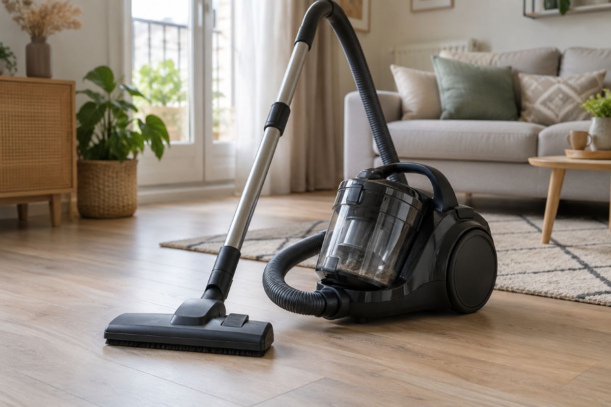 Aspirateur traîneau sans sac à bac transparent posé sur un parquet dans un salon