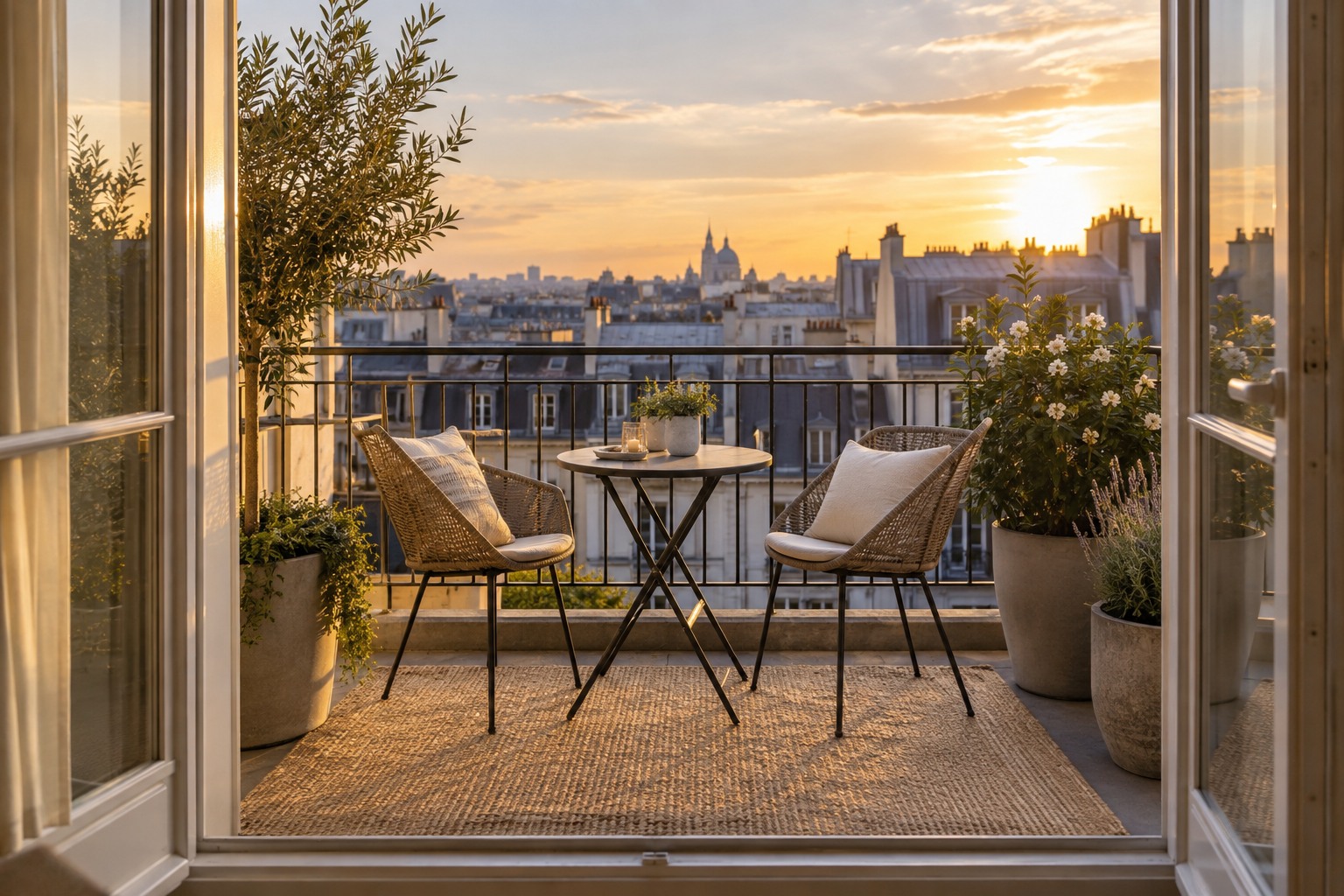 Petit balcon propre et mis en scène pour une annonce immobilière, deux chaises, une petite table, trois grands pots de plantes, lumière de fin de journée