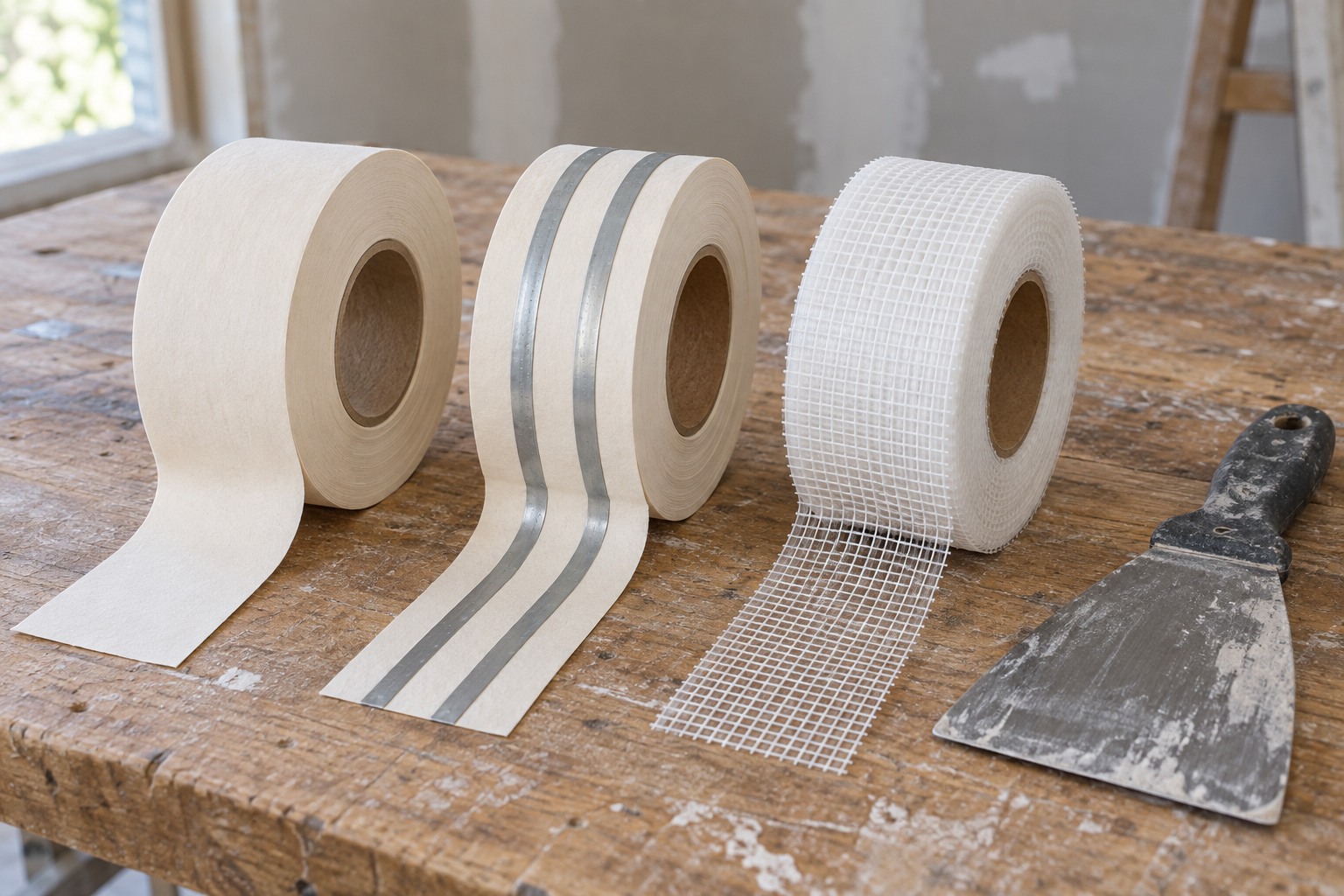 Trois rouleaux de bandes pour plaques de plâtre posés sur un établi : bande papier, bande armée à lamelles métalliques et bande grillagée en fibre