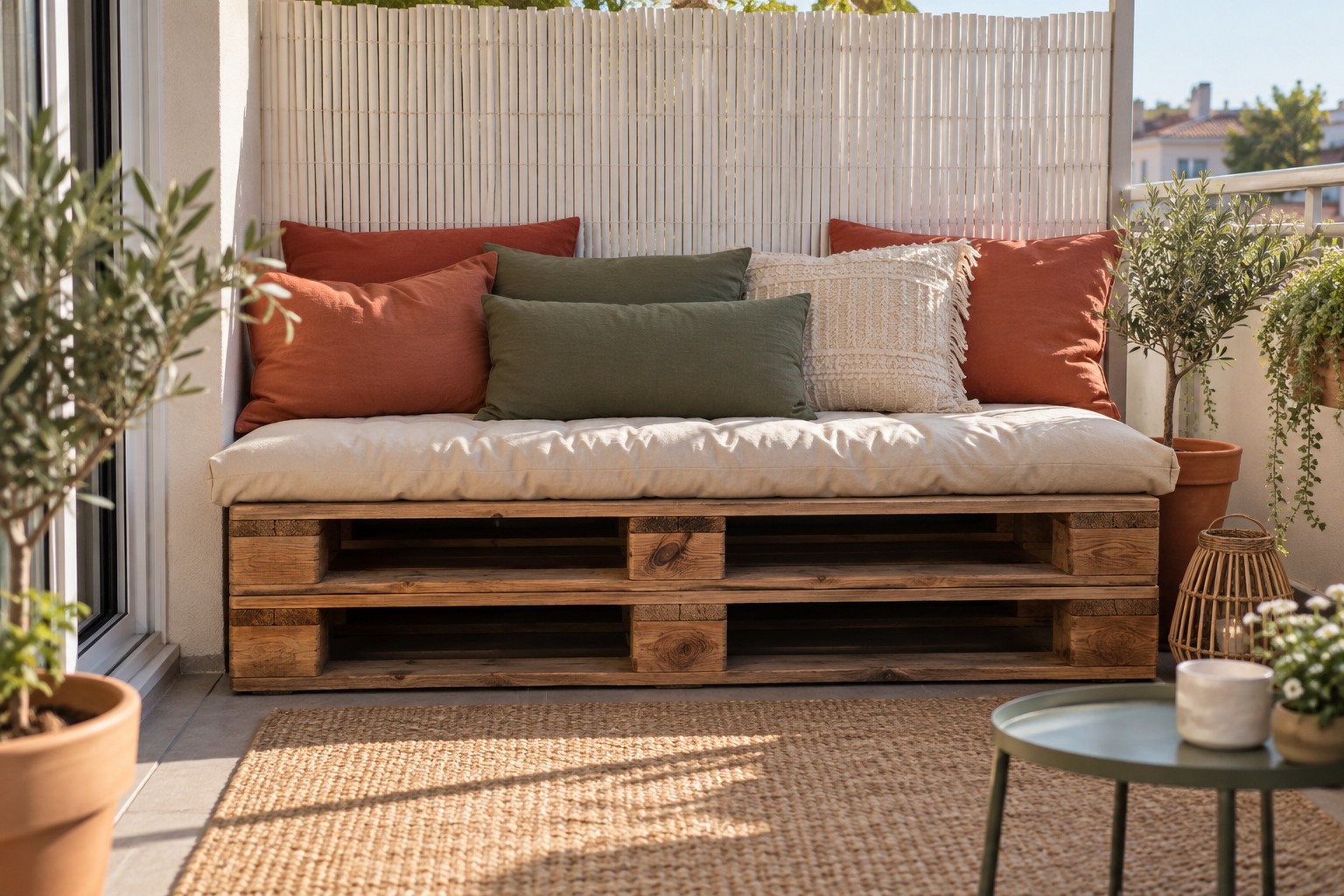 Banquette basse faite de deux palettes poncées et lasurées, garnie d'un matelas et de coussins d'extérieur contre une canisse blanche