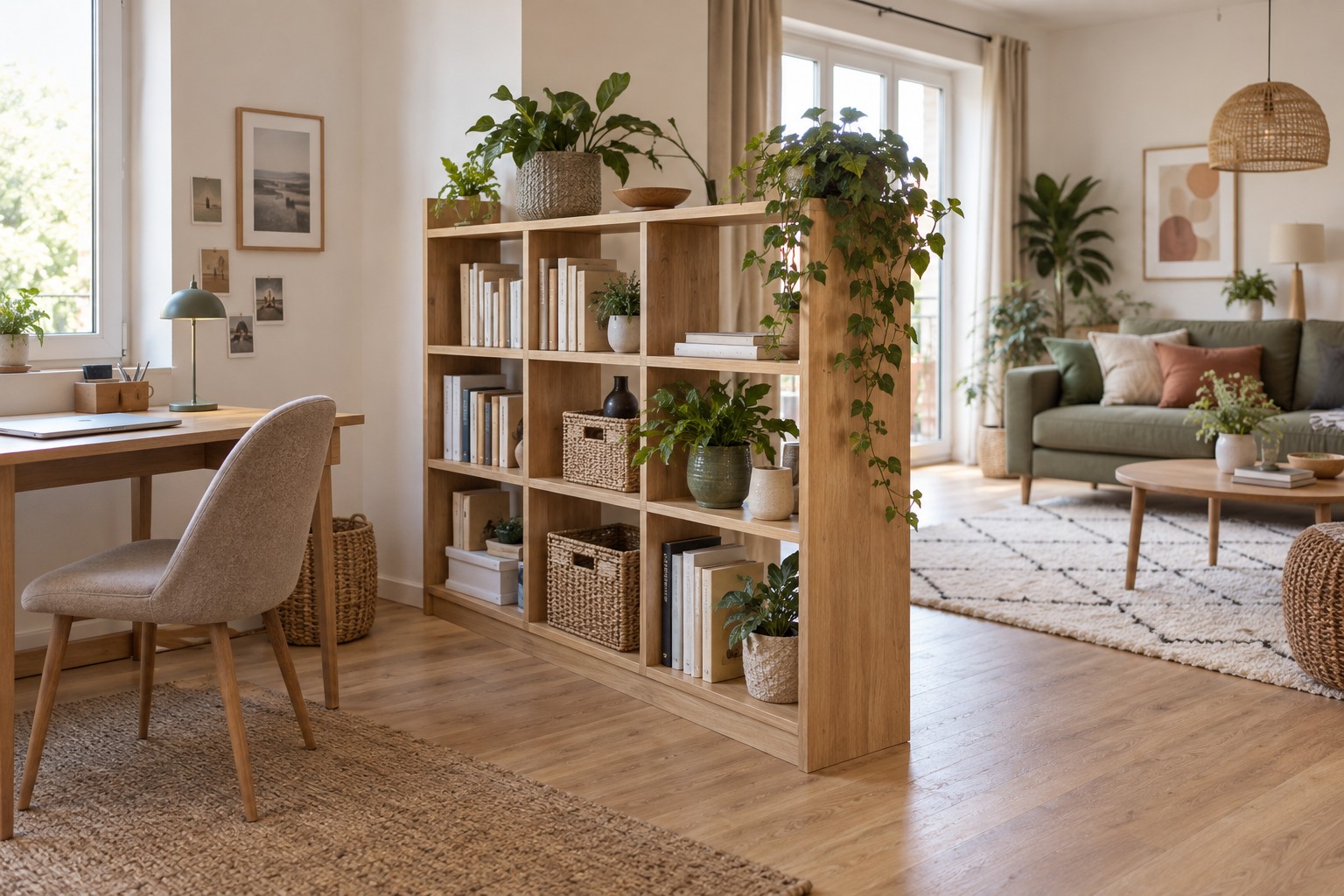 Bibliothèque ouverte de hauteur moyenne séparant un coin bureau d'un salon, livres et objets des deux côtés