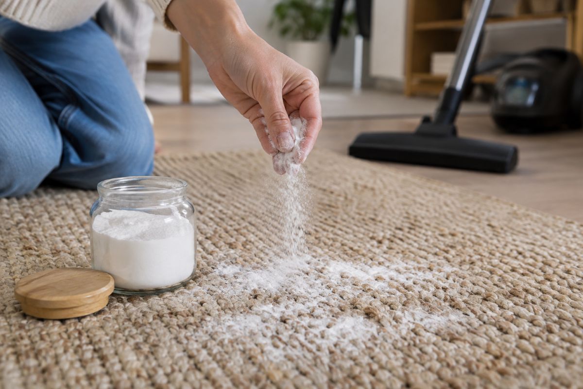 Main saupoudrant du bicarbonate de soude sur un tapis avant de l'aspirer