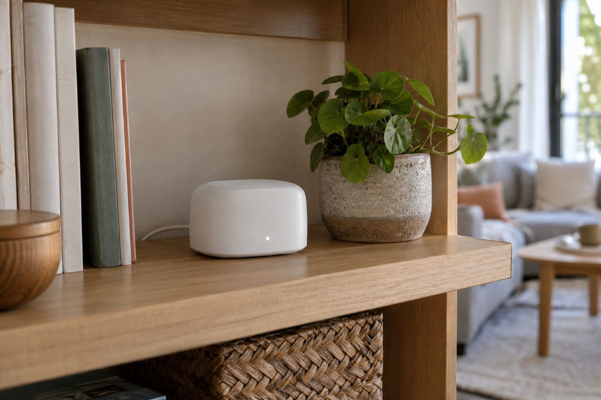 Petite box domotique blanche posée sur une étagère de salon entre des livres et une plante