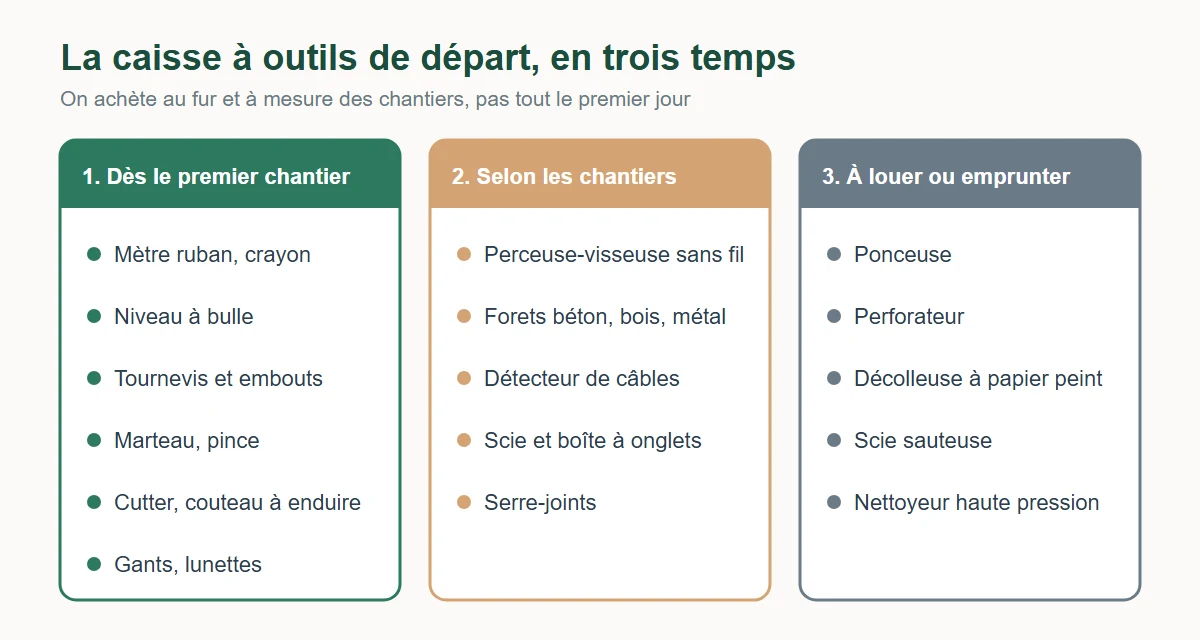 La caisse à outils d'un débutant en trois temps : les outils à avoir dès le premier chantier, ceux à acheter selon les chantiers, et ceux à louer ou emprunter