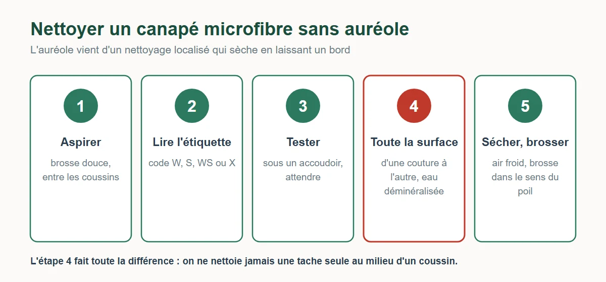Les 5 étapes pour nettoyer un canapé en microfibre sans auréole : aspirer, lire l'étiquette, tester, traiter toute la surface d'une couture à l'autre à l'eau déminéralisée, sécher et brosser