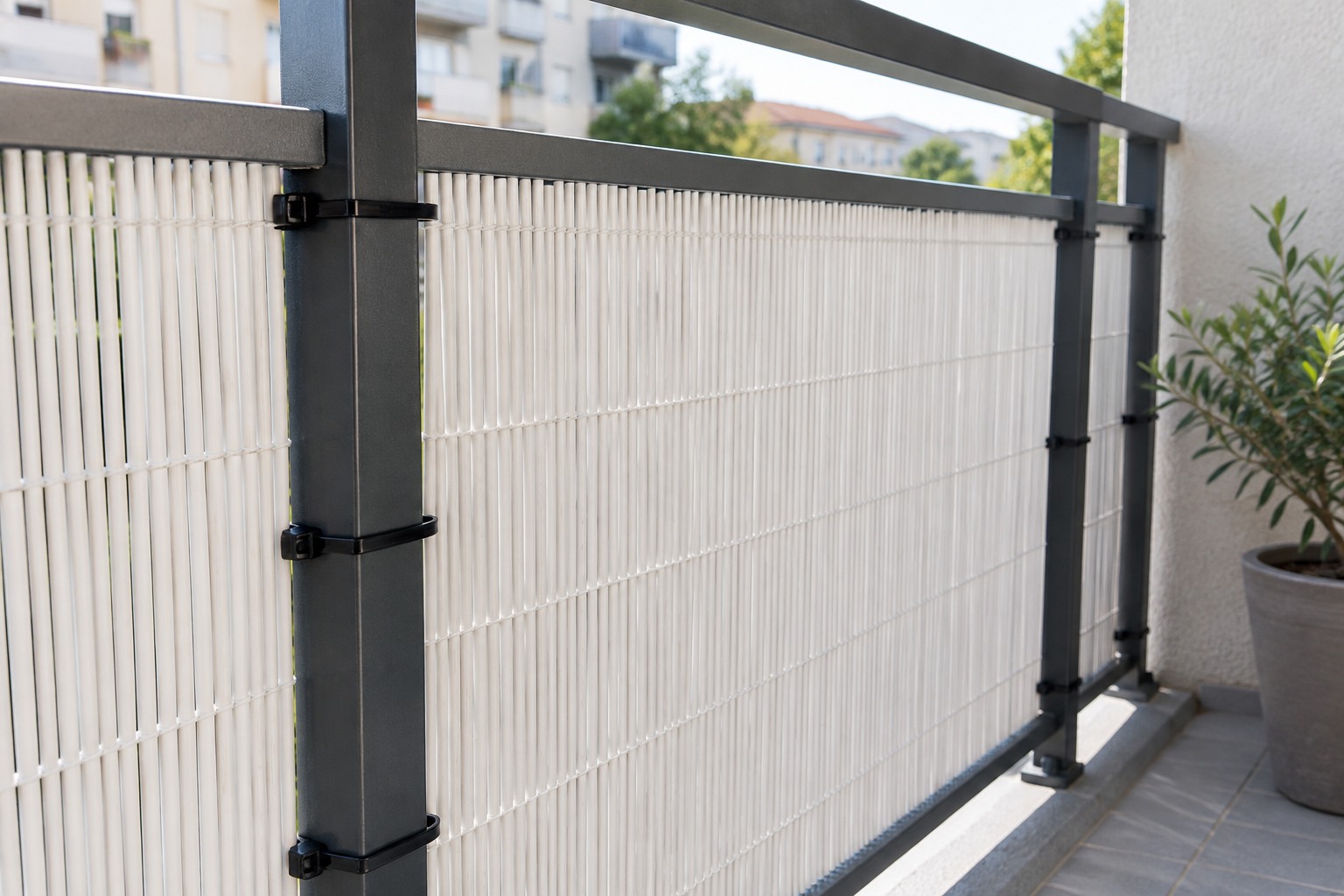 Gros plan sur une canisse blanche fixée côté intérieur d'un garde-corps de balcon par des colliers de serrage noirs à plusieurs niveaux