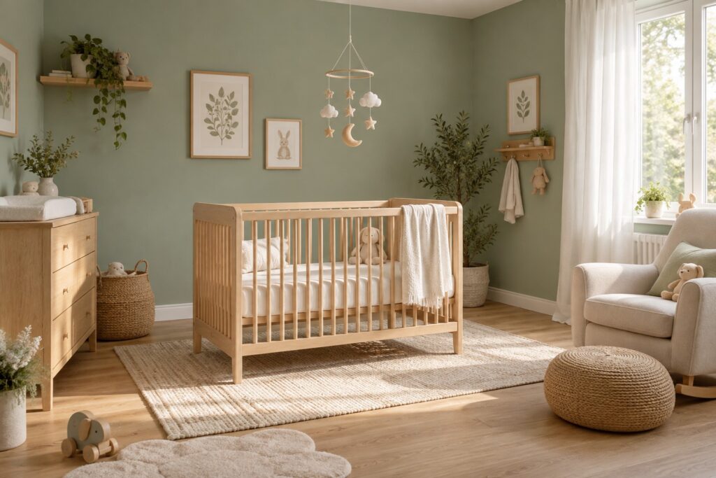 Chambre de bébé aux murs vert doux avec un berceau en bois clair près d'une fenêtre lumineuse