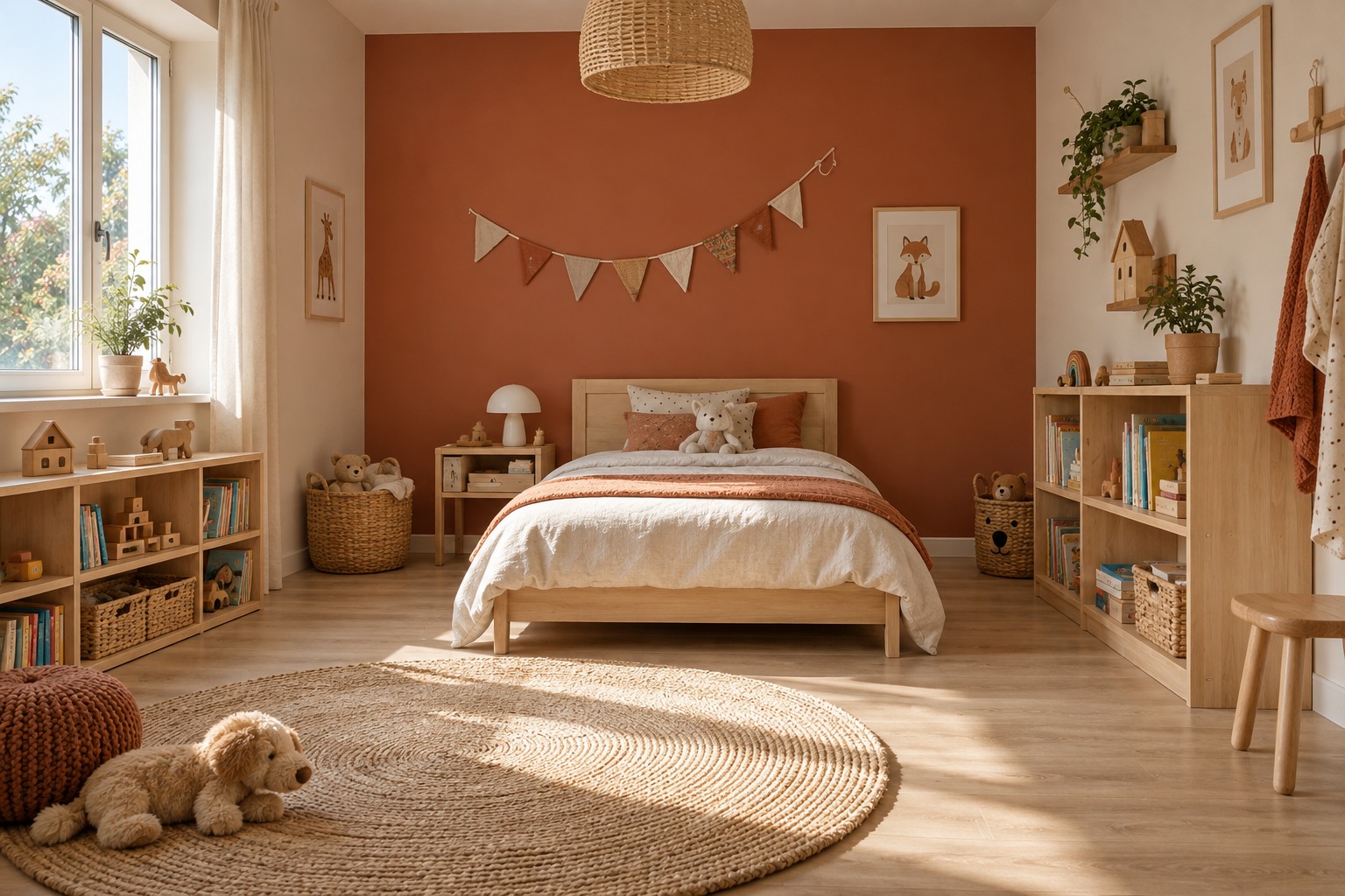 Chambre d'enfant aux murs beige clair avec un pan de mur terracotta derrière le lit et des étagères basses