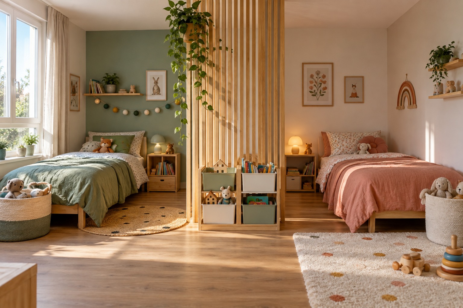 Chambre d'enfants partagée en deux coins par un claustra ajouré, deux lits de part et d'autre, lumière d'une fenêtre