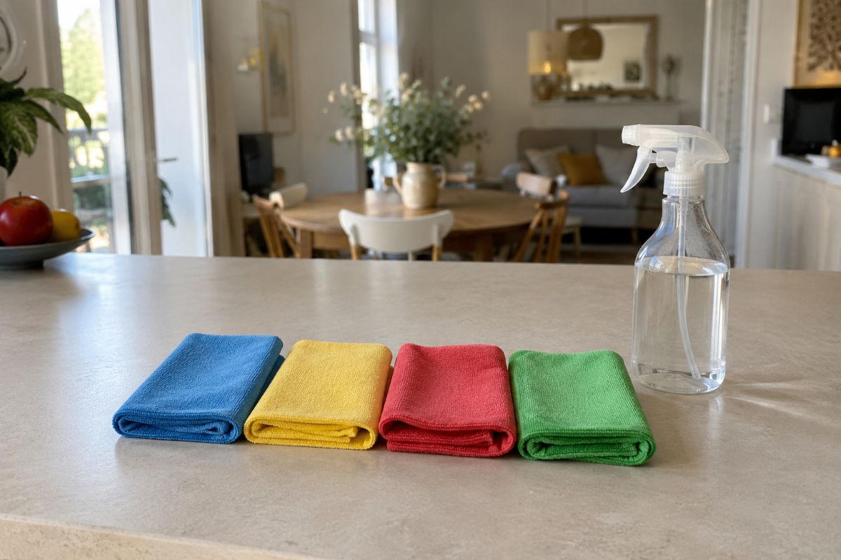 Chiffons microfibre bleu, jaune, rouge et vert pliés et alignés sur un plan de travail