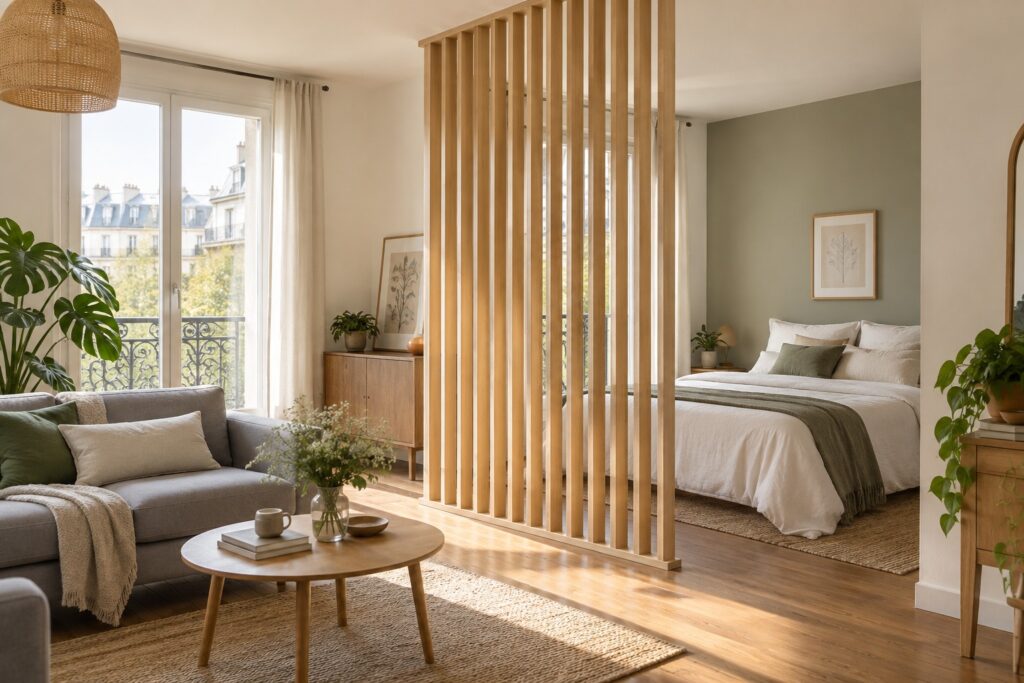 Claustra en bois clair posé entre sol et plafond séparant un coin nuit d'un salon lumineux