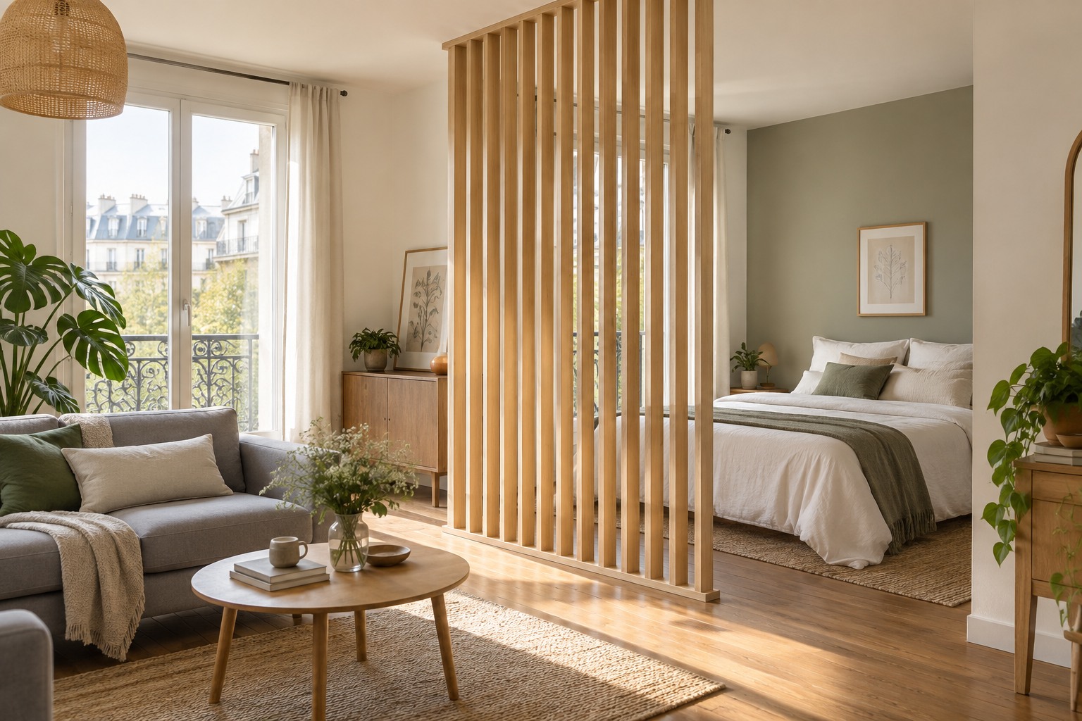 Claustra en bois clair posé entre sol et plafond séparant un coin nuit d'un salon lumineux