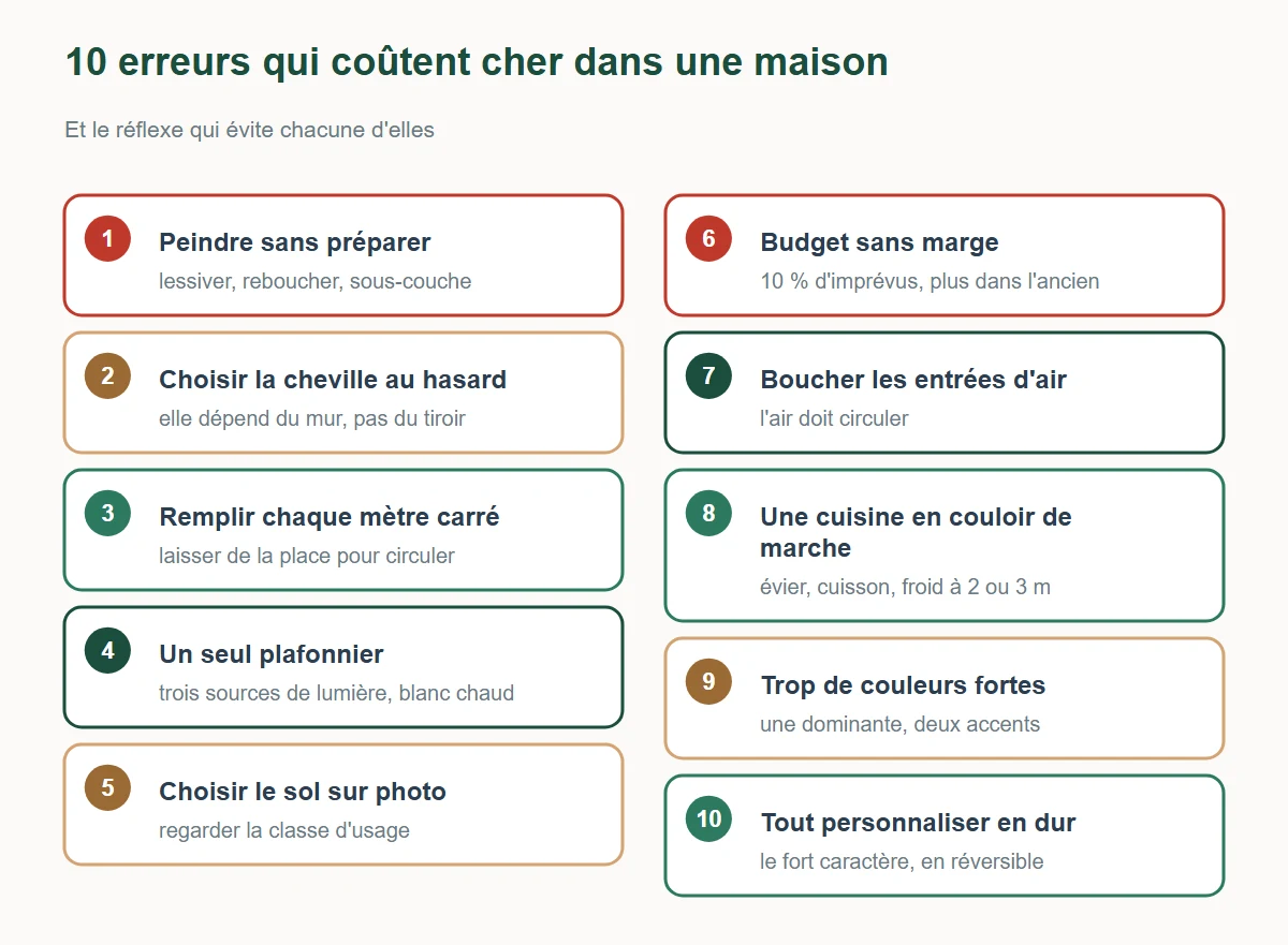 Les 10 erreurs qui coûtent cher dans une maison et le réflexe qui évite chacune : préparation de la peinture, cheville, circulation, éclairage, sol, marge de budget, entrées d'air, cuisine, couleurs, personnalisation réversible