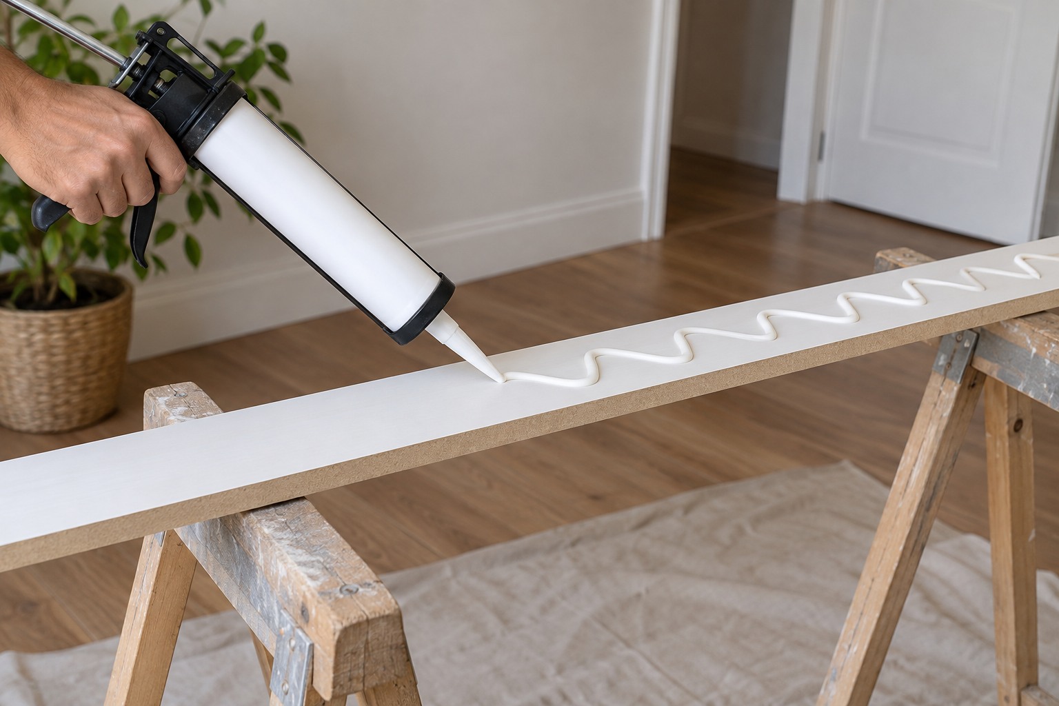 Cordon de mastic de fixation appliqué en zigzag au pistolet au dos d'une plinthe posée sur des tréteaux