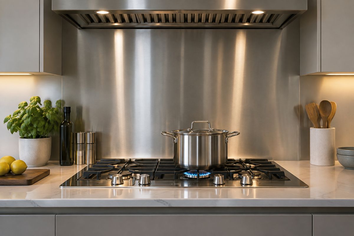 Crédence en inox brossé derrière une plaque de cuisson dans une cuisine moderne