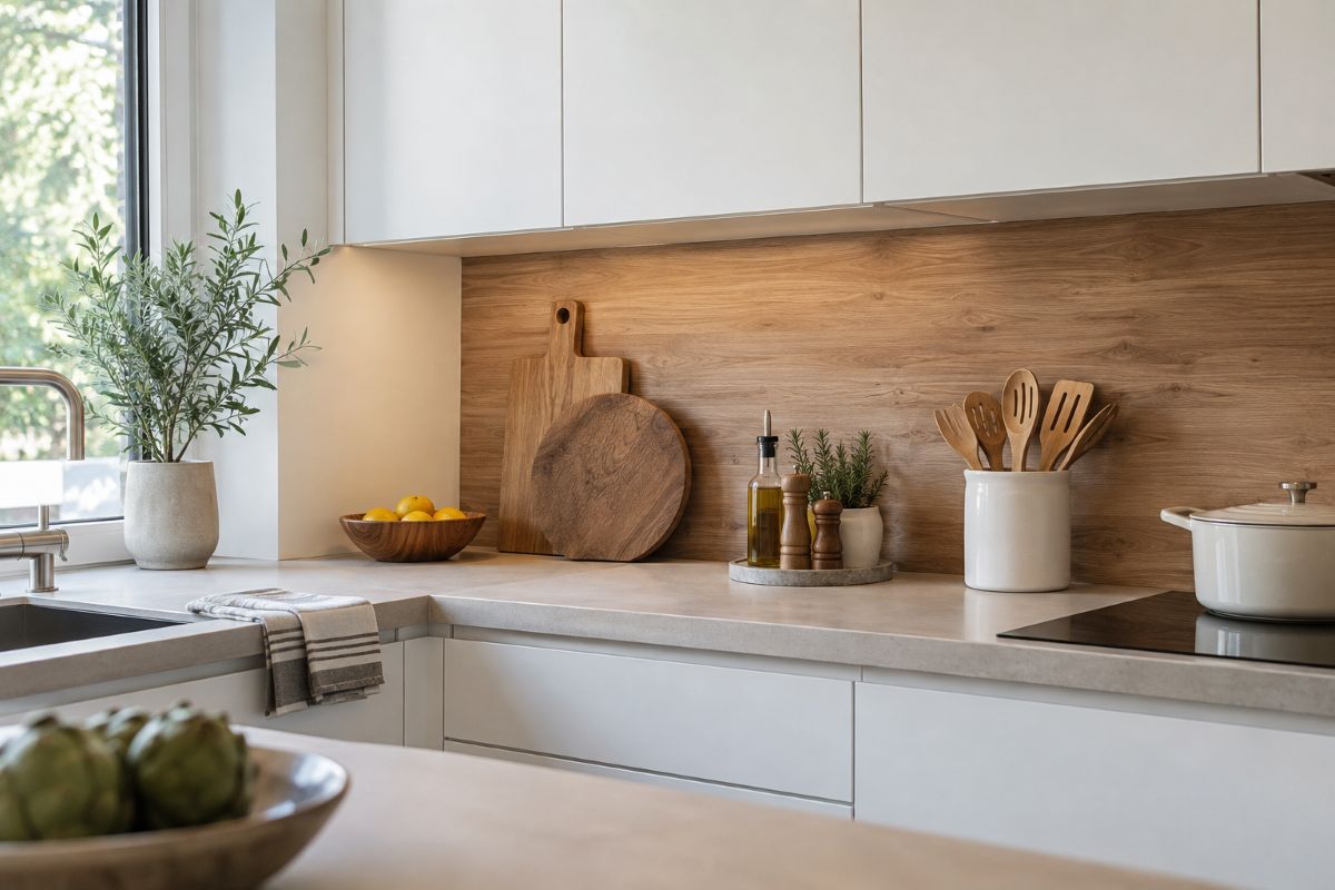 Crédence stratifiée décor bois dans une cuisine claire, au-dessus du plan de travail