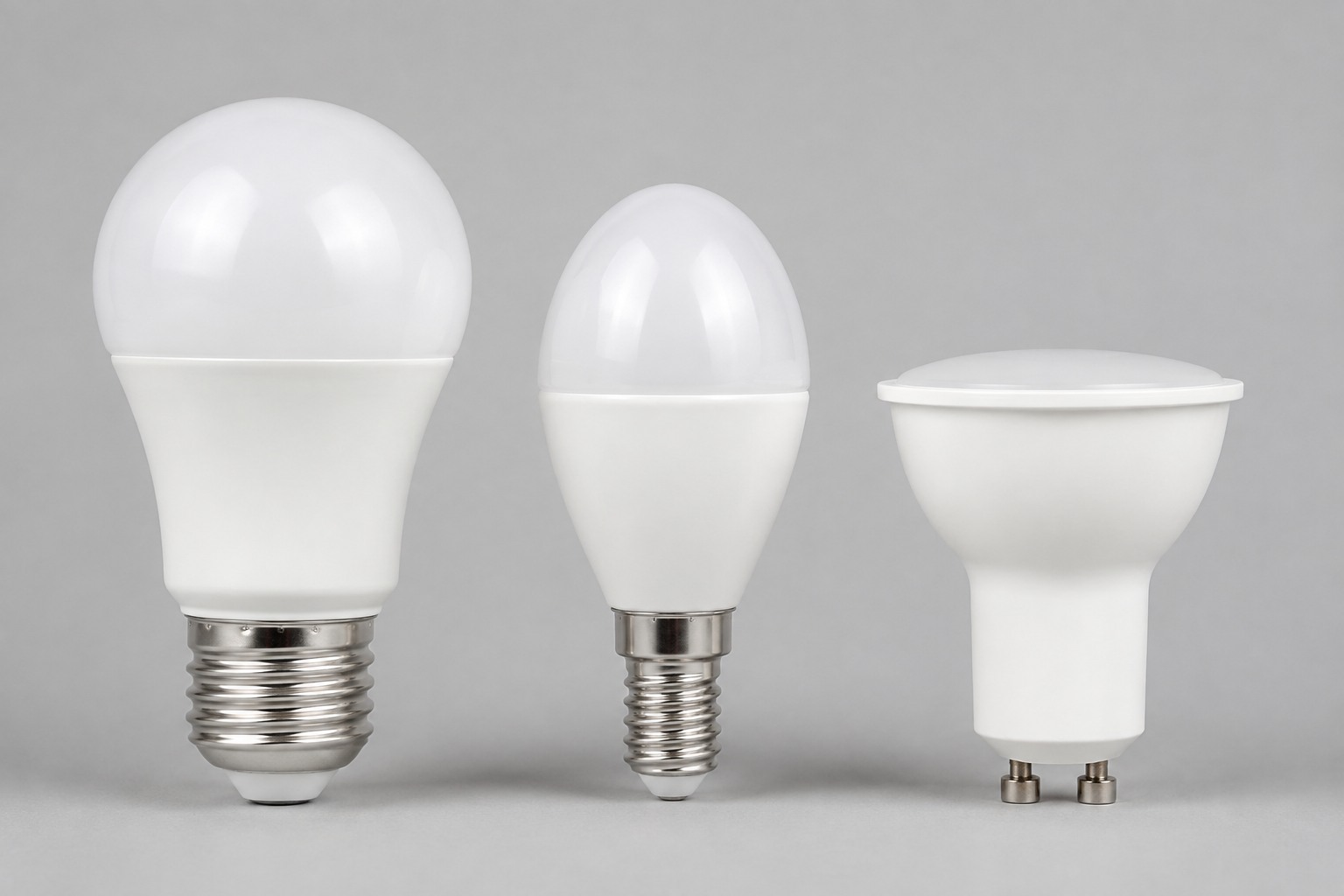 Comparaison de trois culots d'ampoules connectées : E27, E14 et GU10, côte à côte