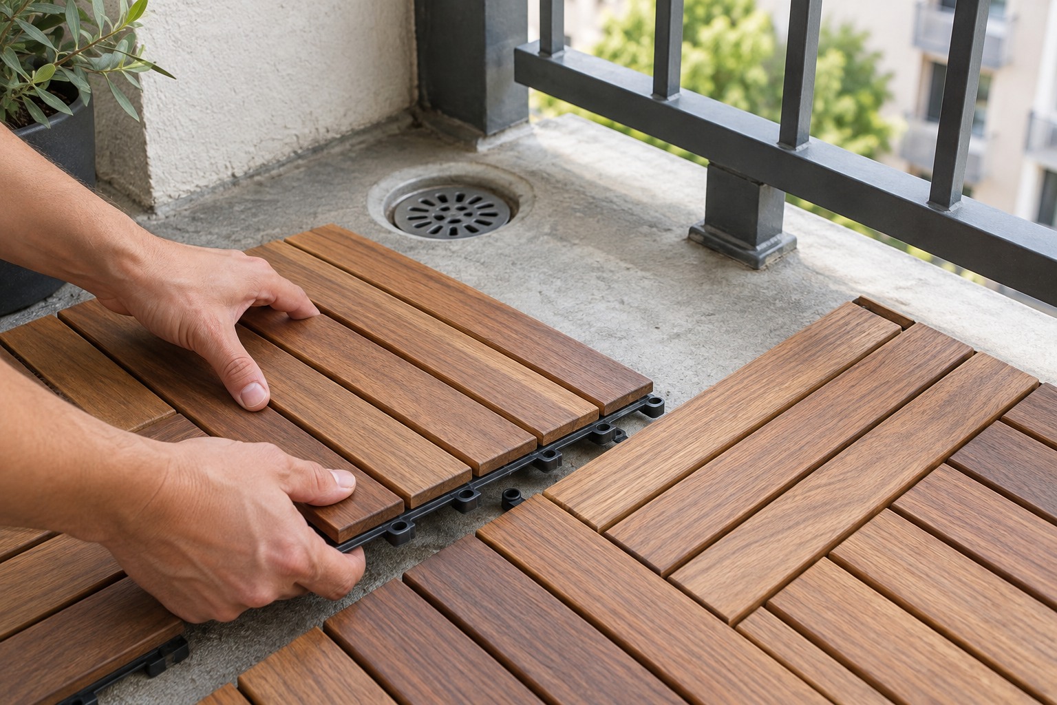 Mains clipsant des dalles en bois à base plastique ajourée sur le sol en béton d'un balcon, évacuation d'eau laissée dégagée
