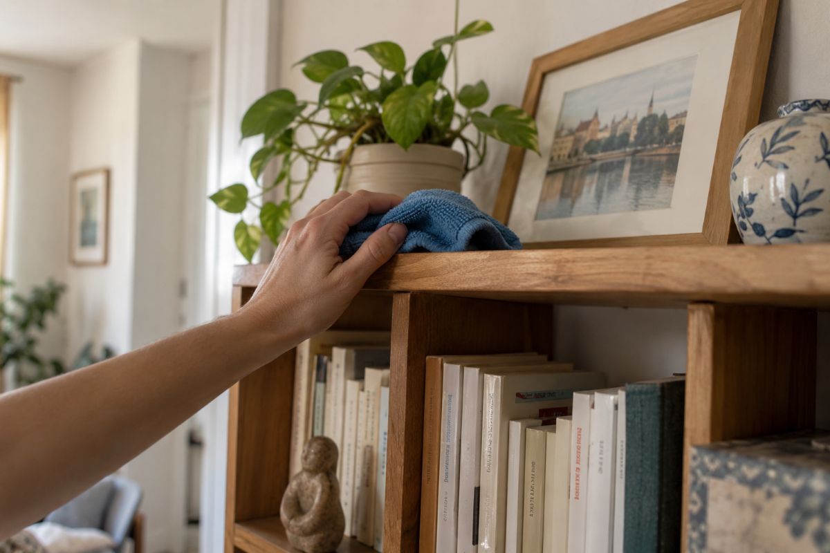 Main dépoussiérant le haut d'une étagère avec un chiffon microfibre avant de descendre vers le bas