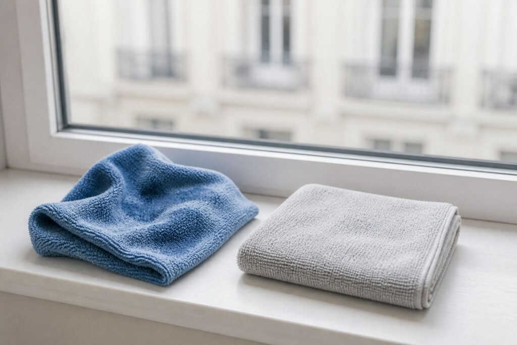 Deux chiffons microfibre pour nettoyer une vitre sans traces, un humide et un sec