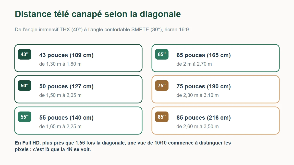 Distance télé canapé selon la diagonale : 43 pouces de 1,30 à 1,80 m, 50 pouces de 1,50 à 2,05 m, 55 pouces de 1,65 à 2,25 m, 65 pouces de 2 à 2,70 m, 75 pouces de 2,30 à 3,10 m, 85 pouces de 2,60 à 3,50 m
