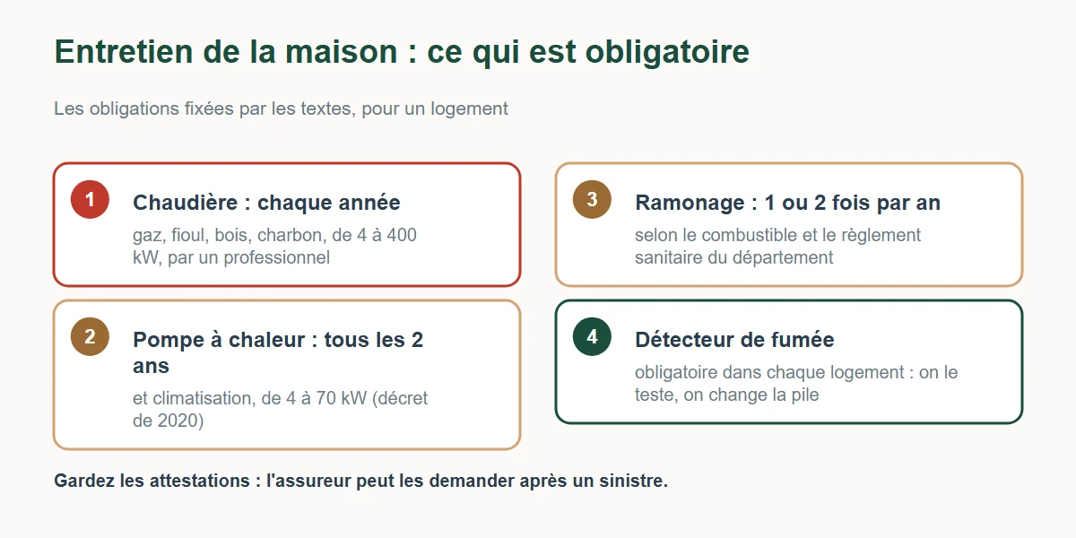 Les obligations d'entretien d'un logement : chaudière chaque année, pompe à chaleur tous les deux ans, ramonage une ou deux fois par an, détecteur de fumée