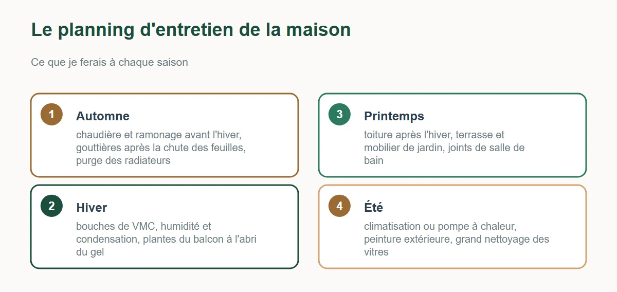Planning d'entretien de la maison par saison : automne, hiver, printemps, été