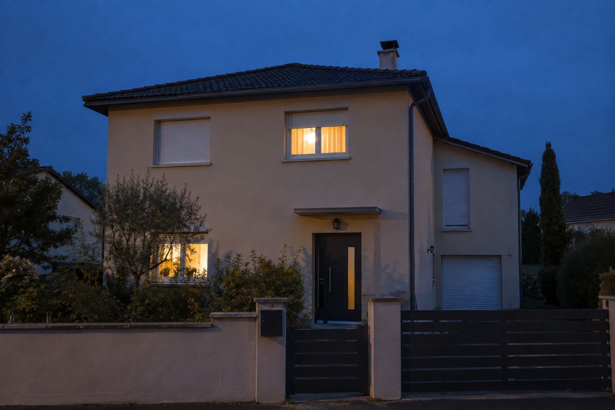 Façade de maison à la tombée de la nuit avec des volets roulants fermés et quelques fenêtres éclairées
