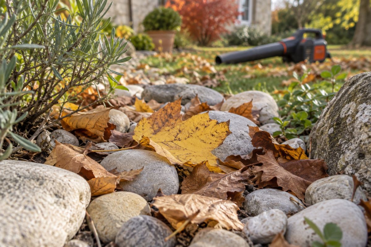 Feuilles mortes coincées entre des galets dans un massif de jardin en automne