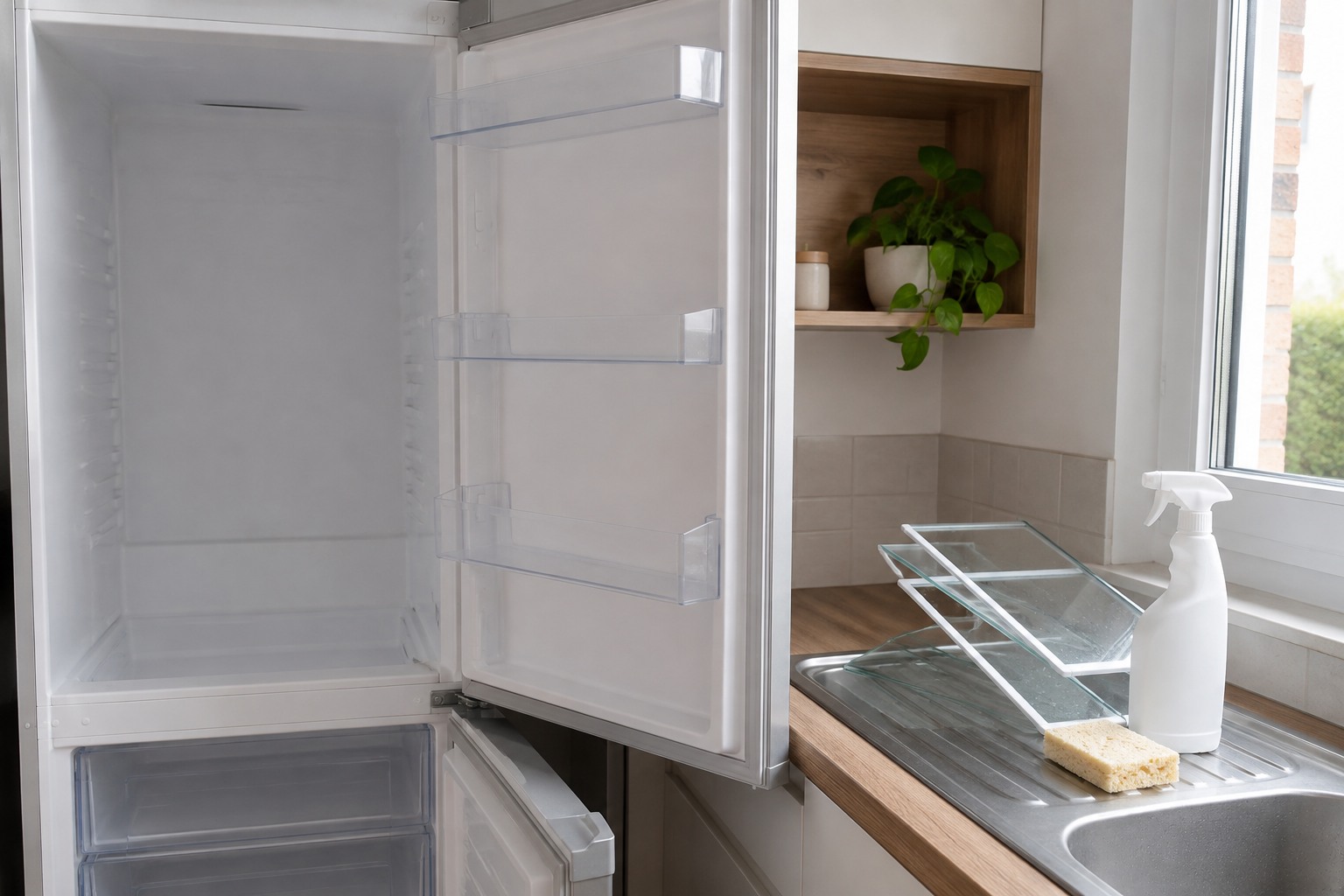 Réfrigérateur vidé, clayettes en verre posées sur l'évier pour un nettoyage complet