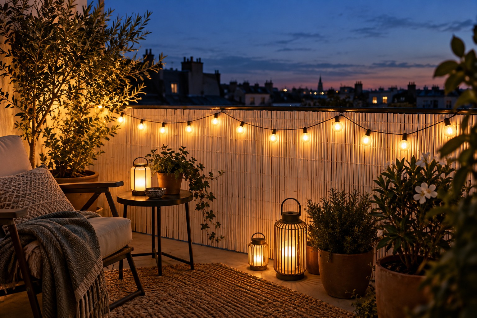 Guirlande guinguette allumée au crépuscule le long d'une canisse blanche sur un balcon, lanternes posées au sol