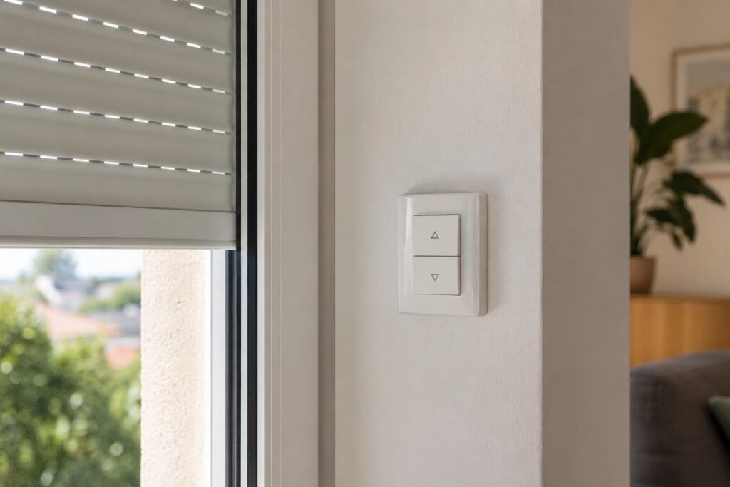 Interrupteur de volet roulant connecté fixé au mur à côté d'une fenêtre au volet à moitié baissé