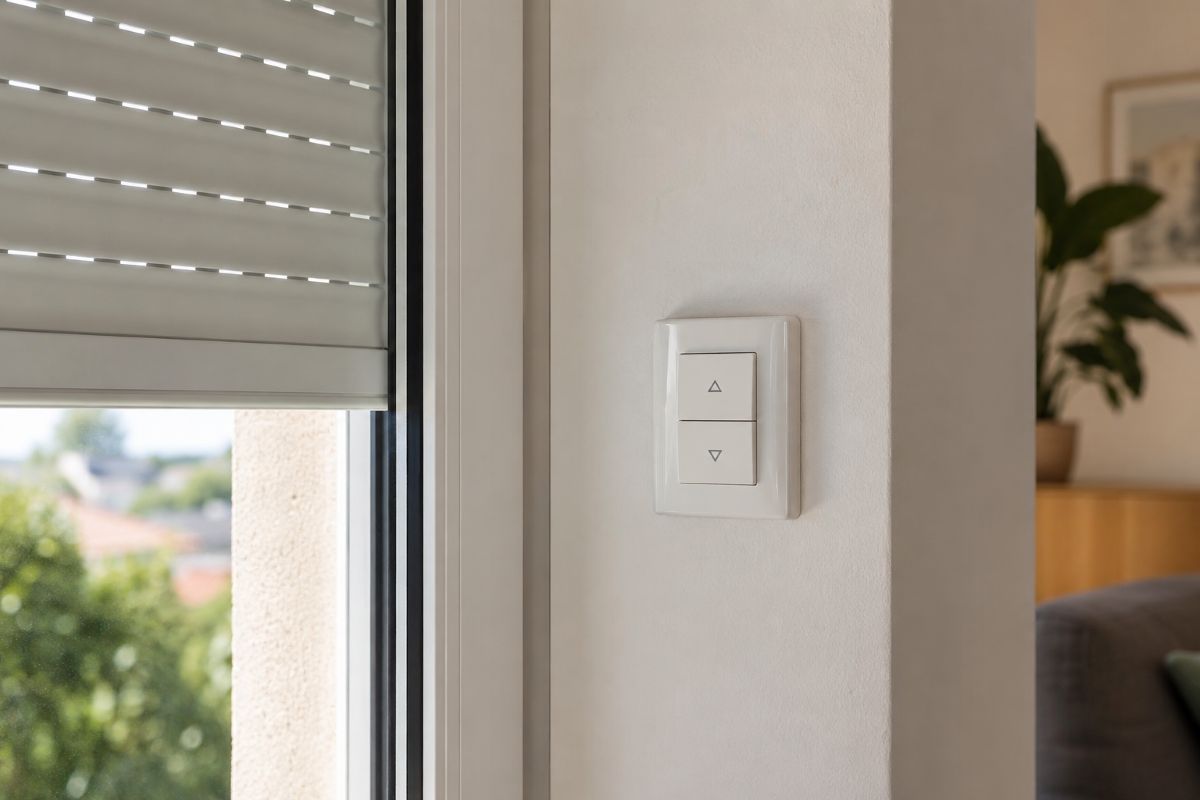Interrupteur de volet roulant connecté fixé au mur à côté d'une fenêtre au volet à moitié baissé