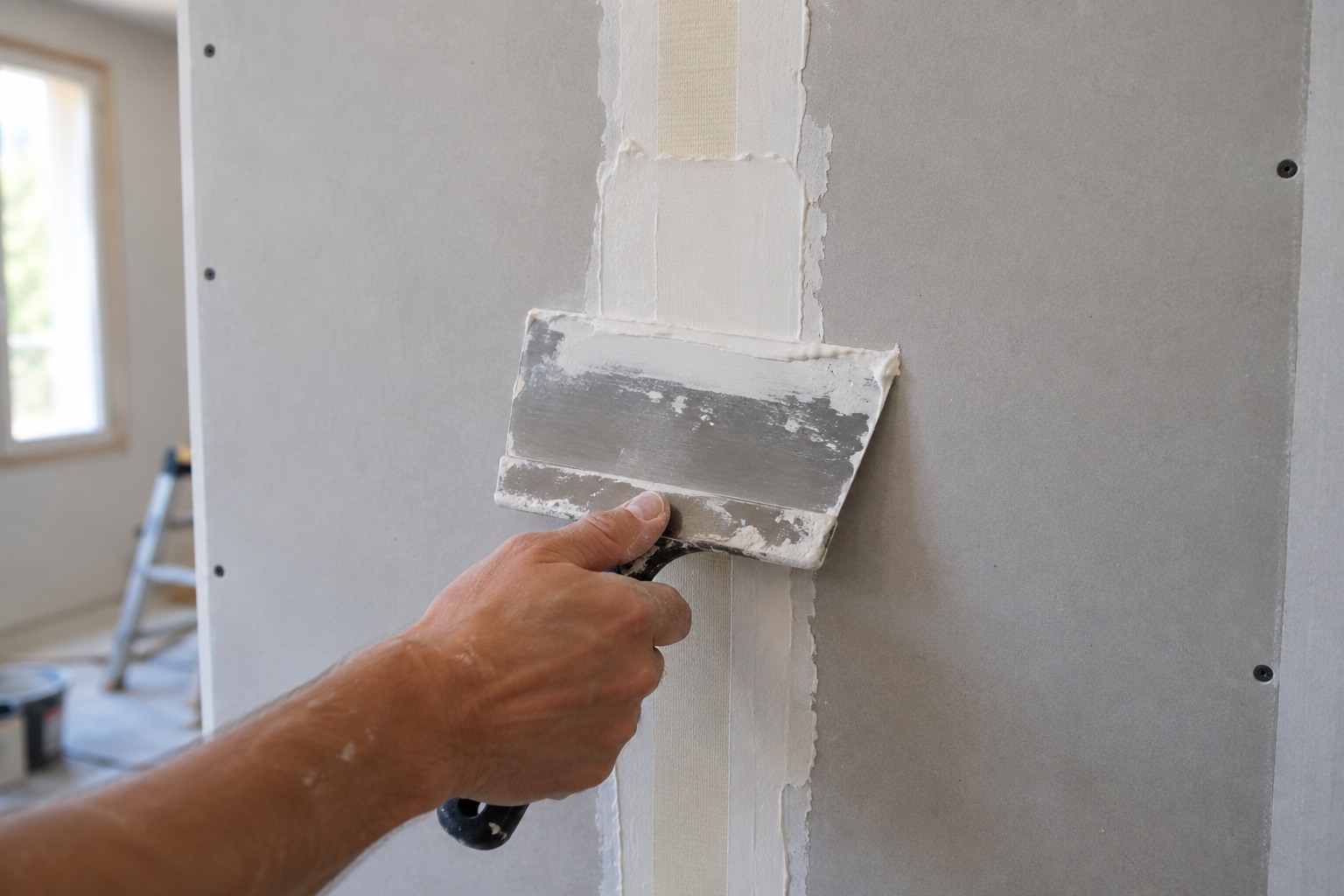 Couteau à enduire lissant l'enduit sur une bande papier posée sur le joint entre deux plaques de plâtre