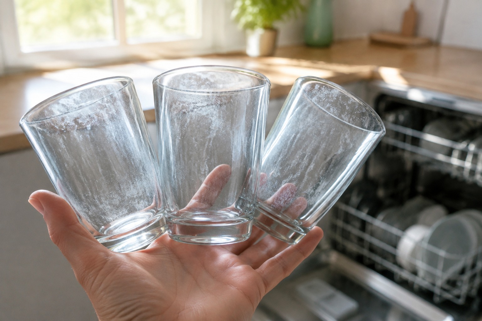 Verres sortis du lave-vaisselle présentant un voile blanc, tenus à contre-jour devant une fenêtre