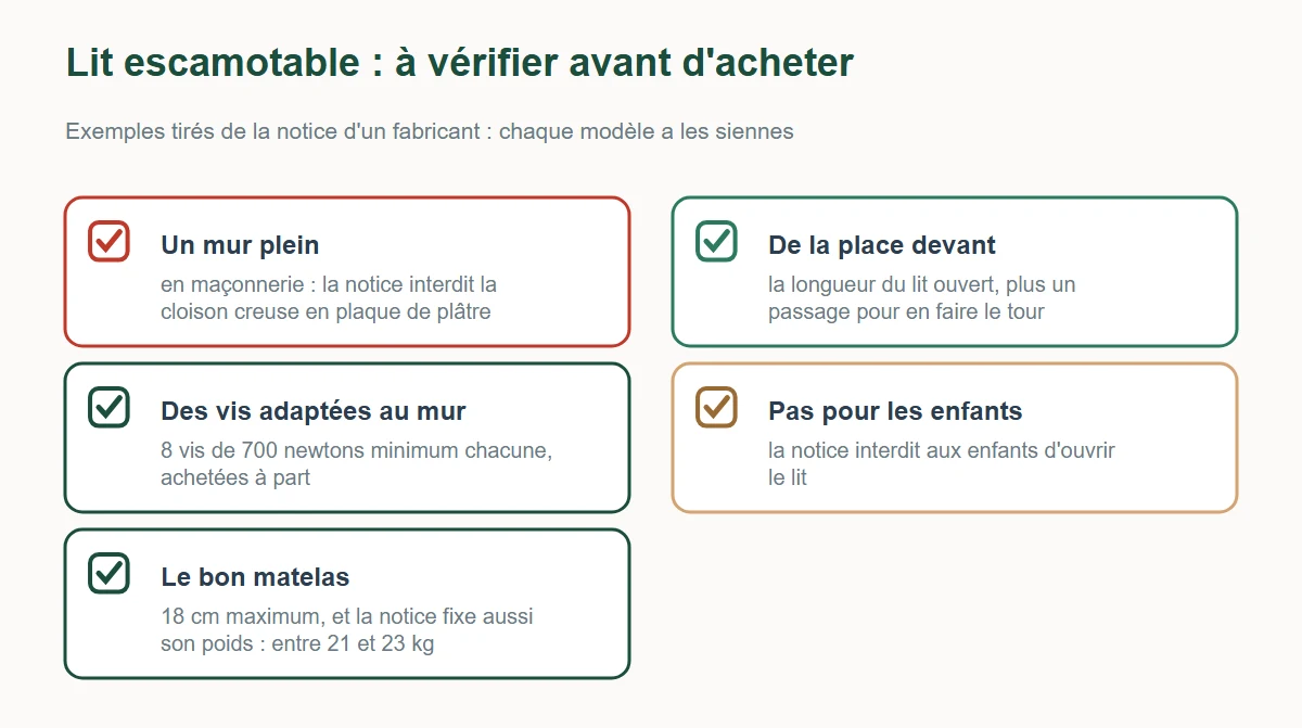 Lit escamotable, à vérifier avant d'acheter : mur en maçonnerie, 8 vis de 700 newtons, matelas de 18 cm maximum et de 21 à 23 kg, place devant, pas pour les enfants