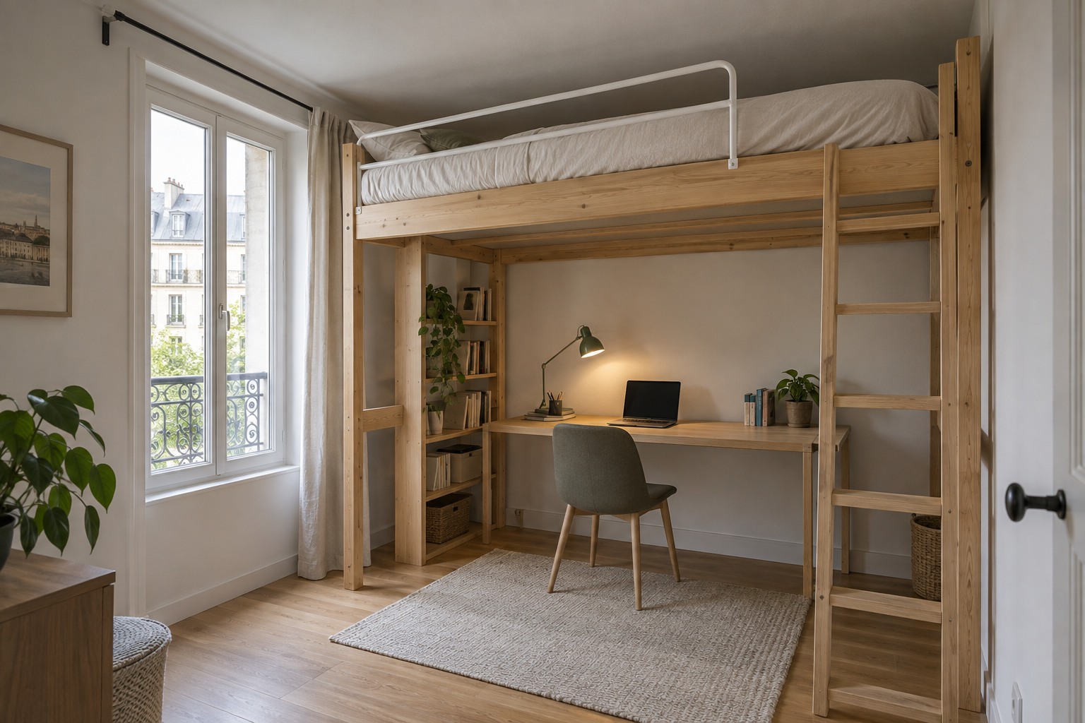 Lit mezzanine avec un bureau dessous, le matelas proche du plafond