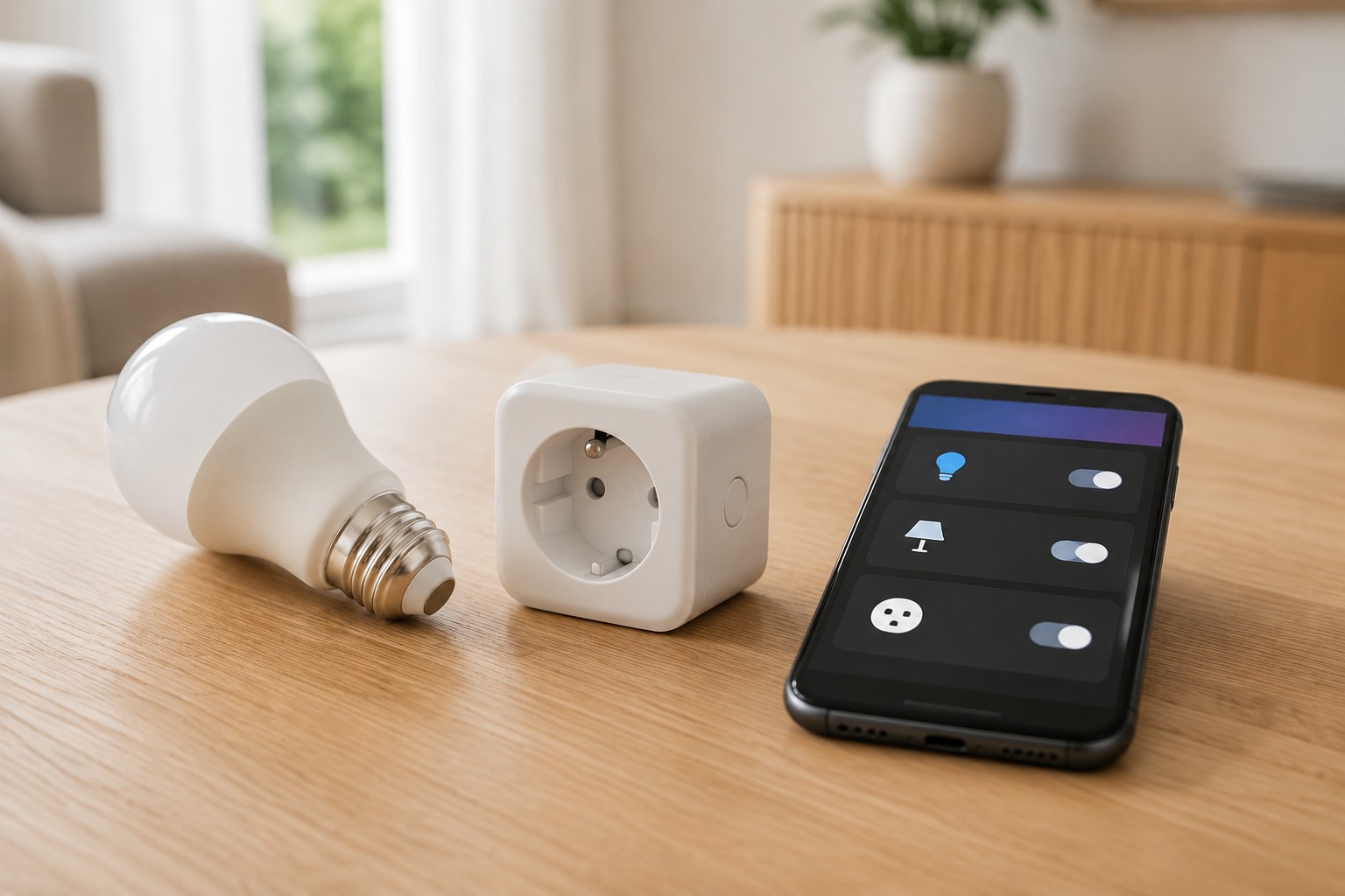 Une ampoule connectée et une prise connectée posées à côté d'un smartphone affichant une application domotique